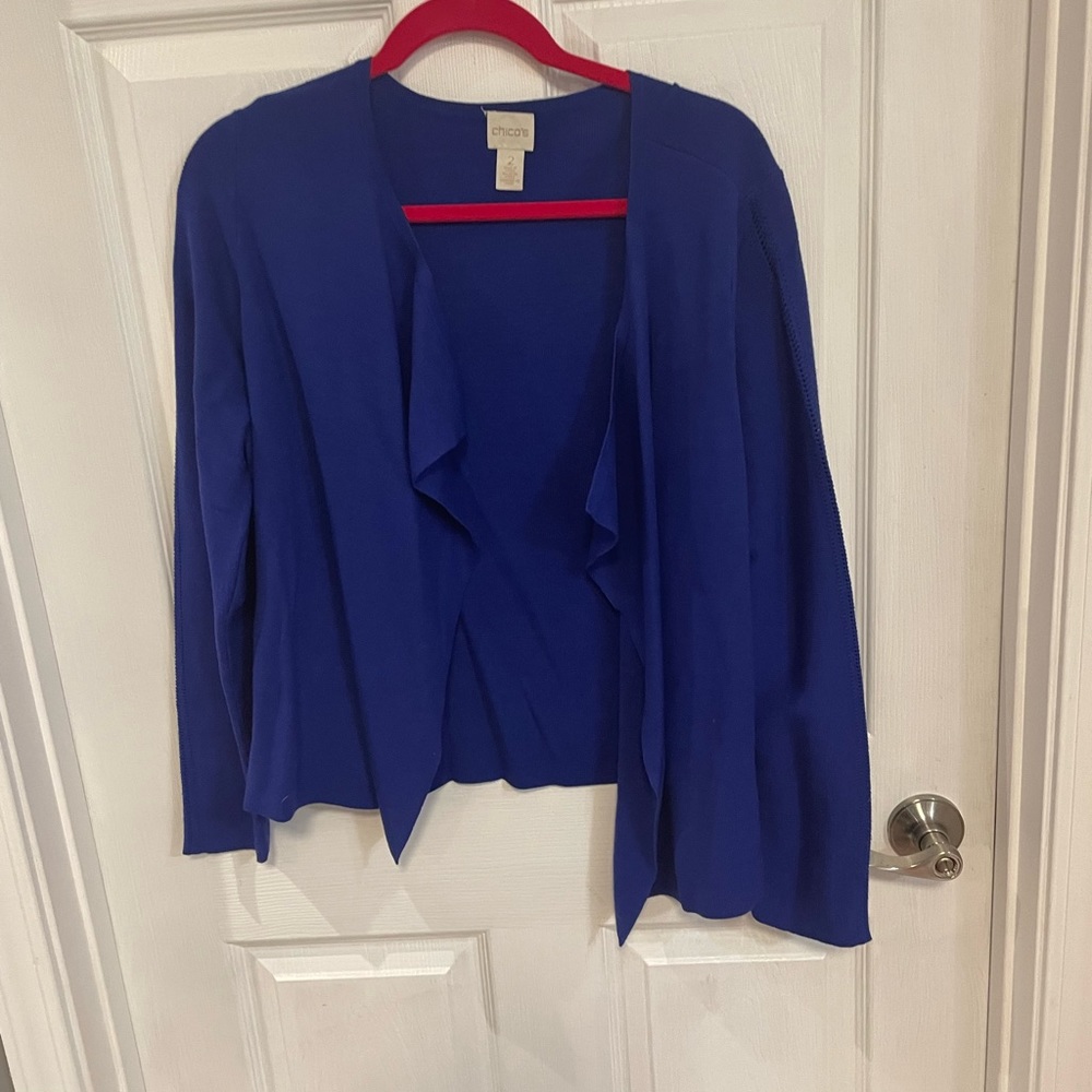 Chico Royal Blue open front cardigan 48” Rayon Poly. Nice feel.